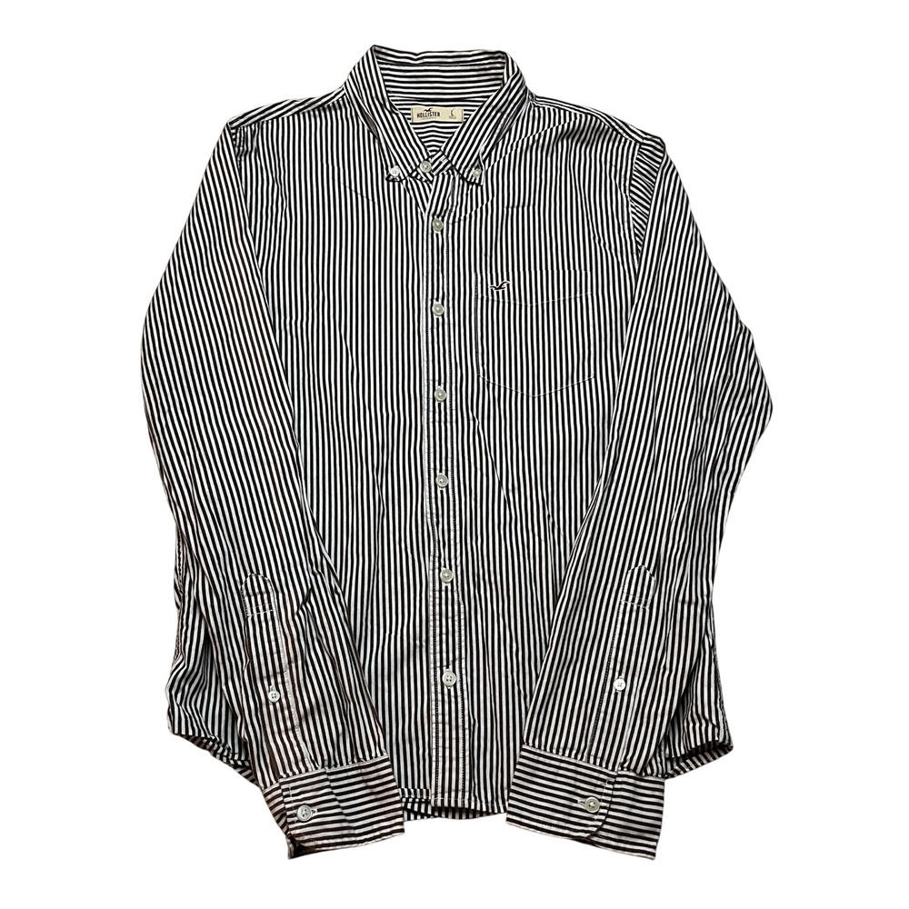 Hollister Button Down Mens Large Brown Striped Long Sleeve Logo Pocket Shirt